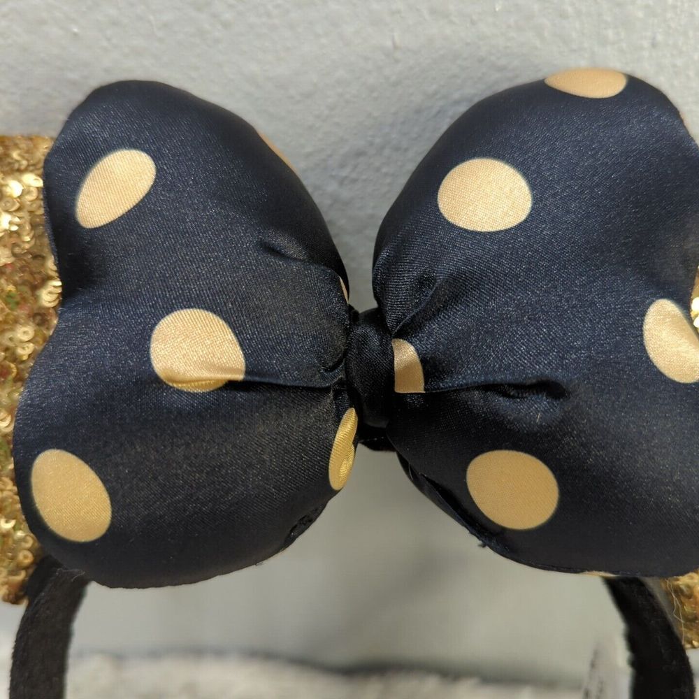 Disney Parks Minnie‎ Mouse Gold Sequin Ear Headband Black & Gold Polka Dot Bow - Picture 3 of 5